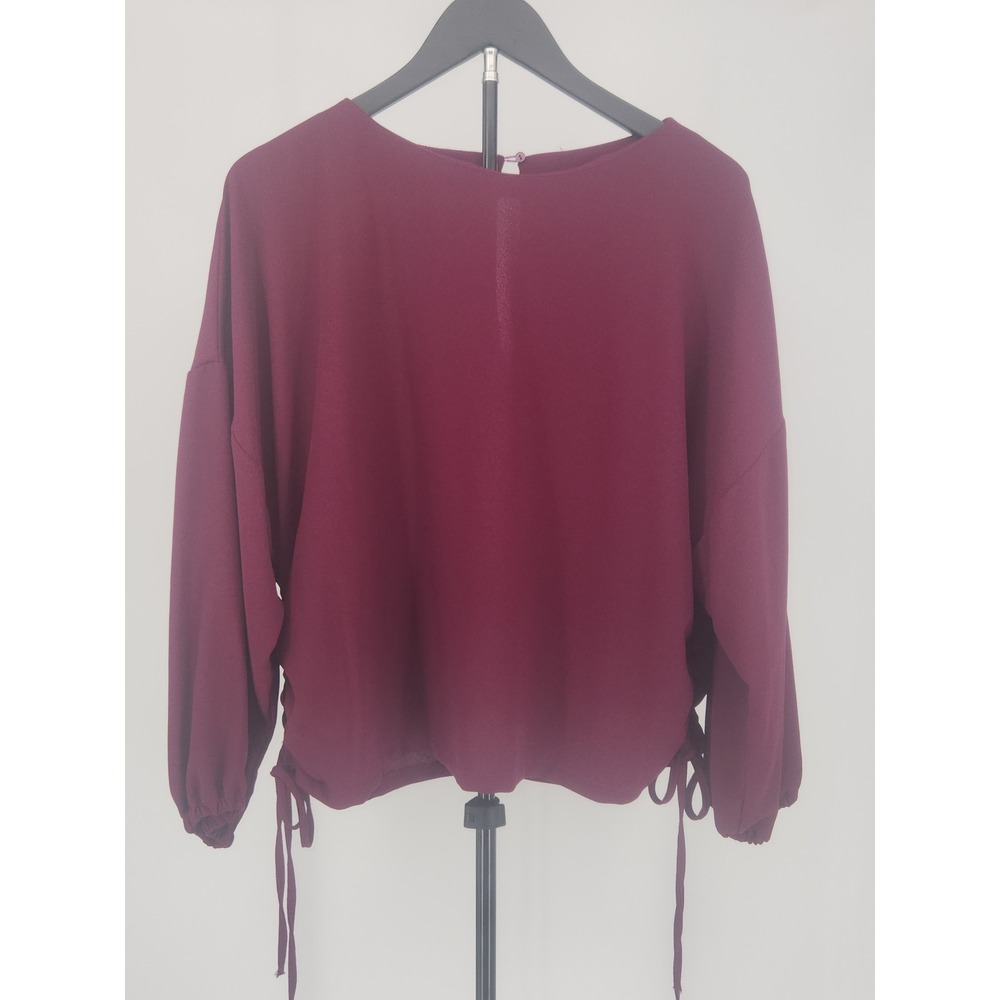Zara Woman Burgundy Side Tie Ruched Blouse Balloon Sleeve XL Burgundy Red